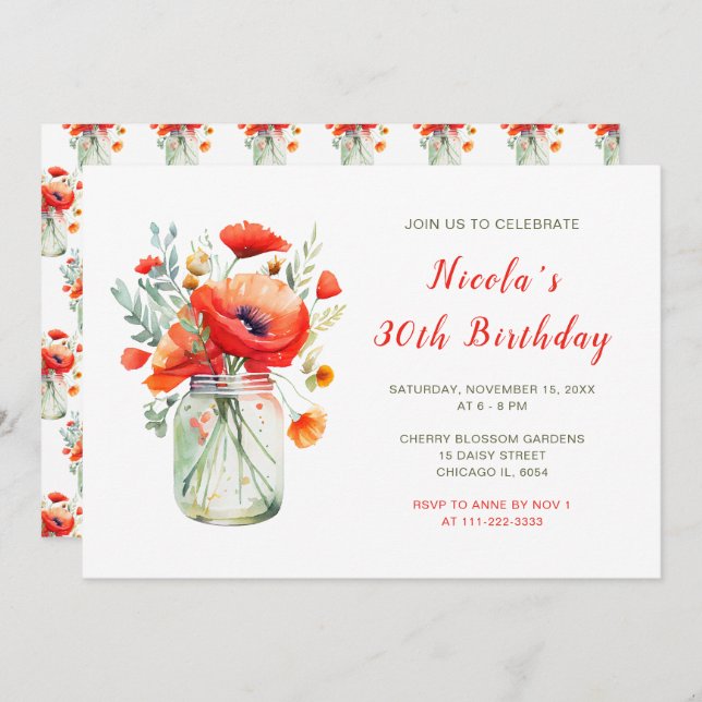 Red Poppies Mason Jar Birthday Party Invitation (Front/Back)