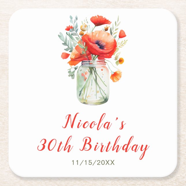 Red Poppies Mason Jar Birthday Square Paper Coaster (Front)
