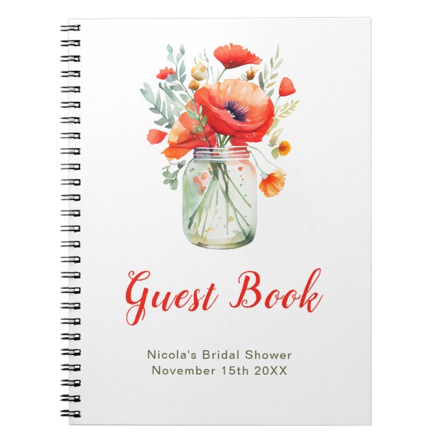 Red Poppies Mason Jar Bridal Shower Guest Book (Front)