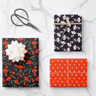 Red Poppies Mixed Floral Pattern & Polka Dots Wrapping Paper Sheet