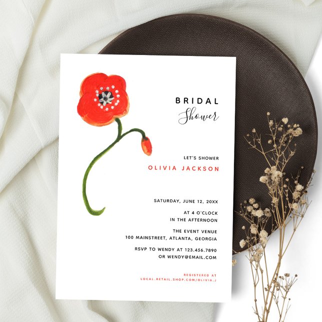 Red poppies modern floral Bridal shower Invitation (Creator Uploaded)