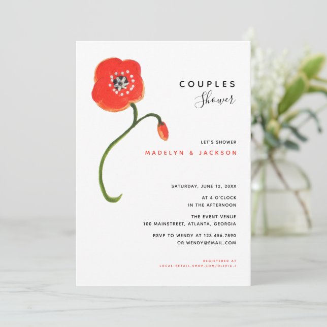 Red poppies modern floral couples shower invitation (Standing Front)