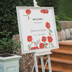 Red poppies modern floral wedding favour bag wine poster