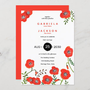 red poppies modern floral wedding invitation
