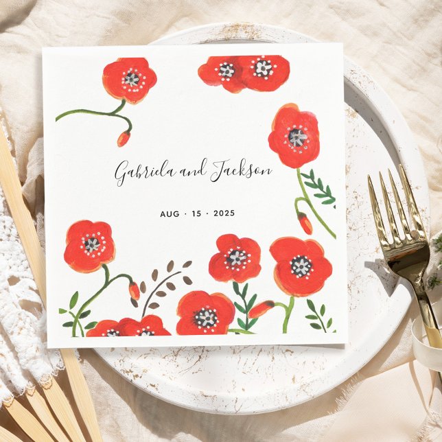 Red poppies modern floral wedding napkin (Red poppies modern floral wedding napkins)