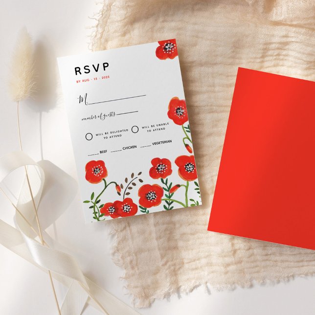 Red poppies modern floral wedding RSVP Card (Red poppies modern floral wedding RSVP Card)