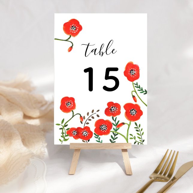 Red poppies modern floral wedding table number (Red poppies modern floral wedding table number)