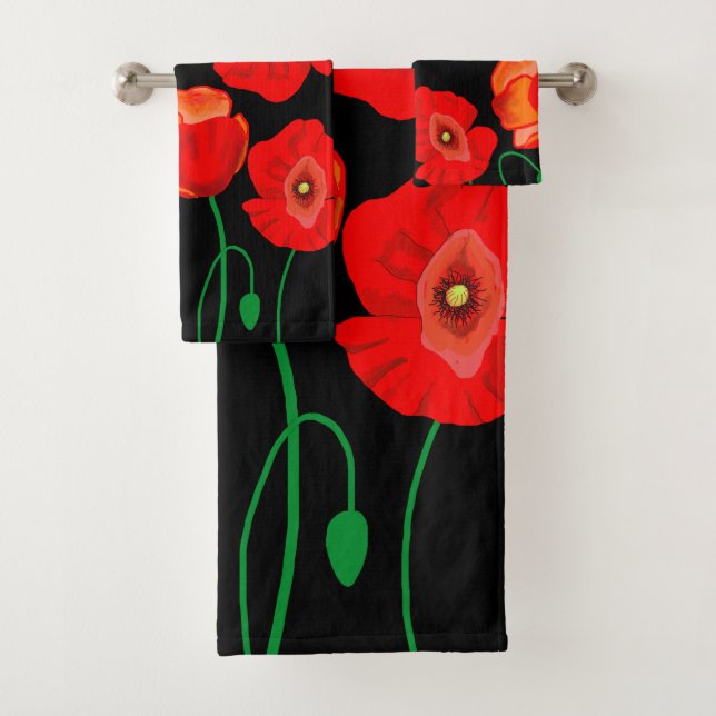 Red poppies on black background illustration   bath towel set (Insitu)
