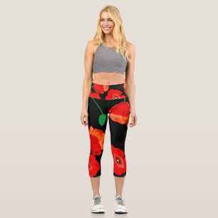 Red poppies on black background illustration  capri leggings