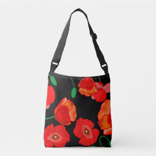 Red poppies on black background illustration  crossbody bag