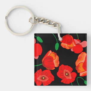Red poppies on black background illustration key ring