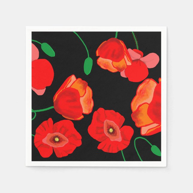 Red poppies on black background illustration  napkin (Front)