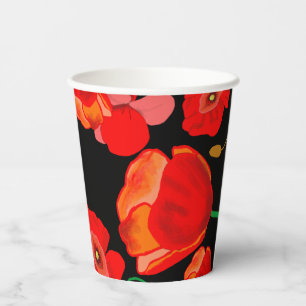 Red poppies on black background illustration  paper cups