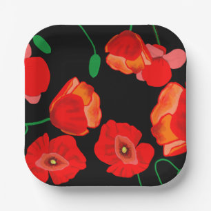 Red poppies on black background illustration  paper plate