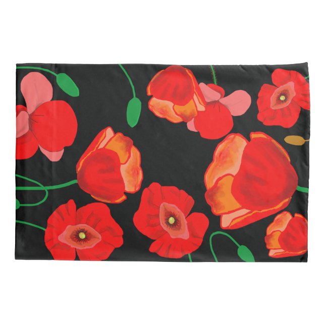 Red poppies on black background illustration   pillowcase (Back)