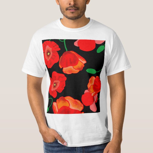 Red poppies on black background illustration  T-Shirt (Front)