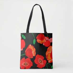 Red poppies on black background illustration tote bag