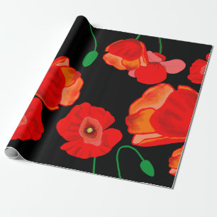 Red poppies on black background illustration wrapping paper