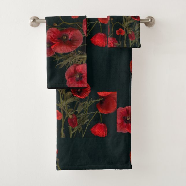 Red Poppies On Black Bath Towel Set (Insitu)