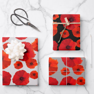 Red Poppies on Black n Grey Wrapping Paper Sheet