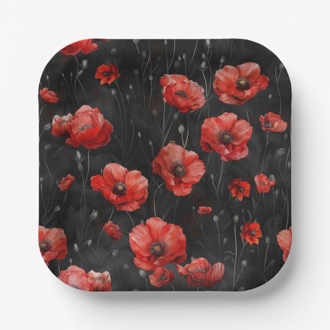 Red poppies on black paper plate (Front)