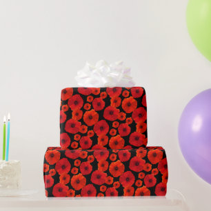 Red Poppies on Black Patterned Birthday Wrapping Paper