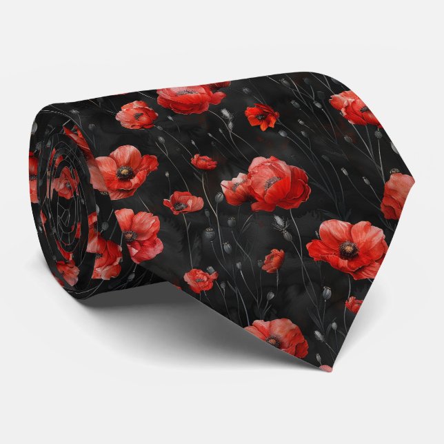 Red poppies on black tie (Rolled)