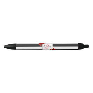 Red Poppies on Black & White Striped Background Ink Pen