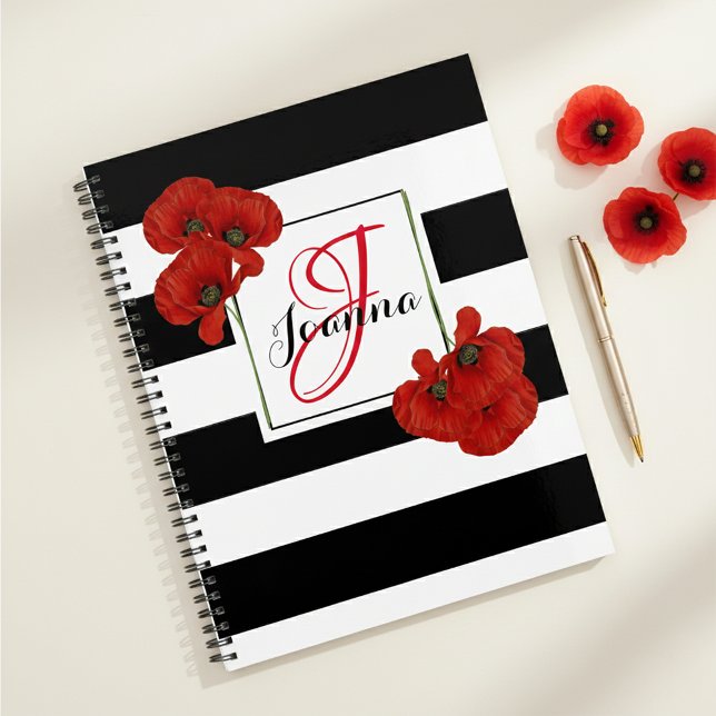 Red Poppies on Black & White Striped Background Planner (Creator Uploaded)