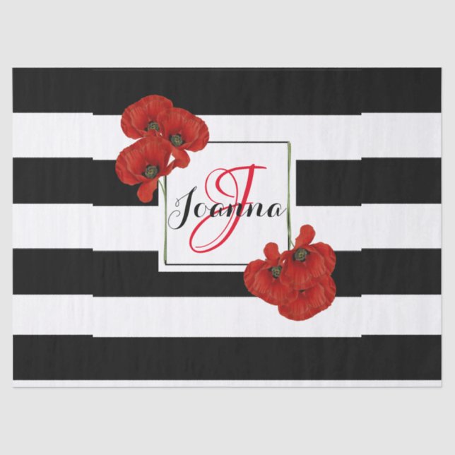 Red Poppies on Black & White Striped Background Tissue Paper (Front)