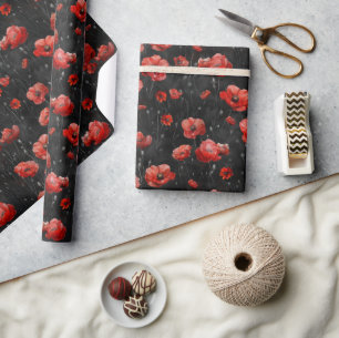 Red poppies on black wrapping paper