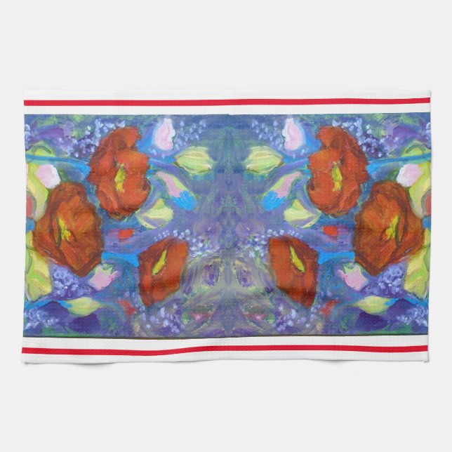 Red Poppies on Blue Kitchen Towel (Horizontal)