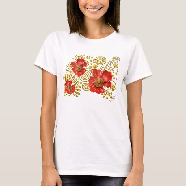Red Poppies on Gold Spirals T-Shirt (Front)