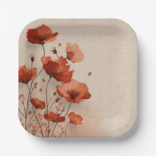 Red poppies.  paper plate