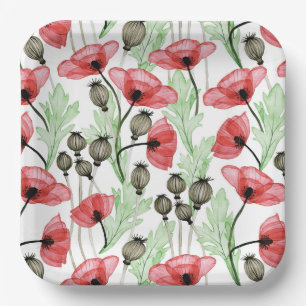 Red Poppies Paper Plates, Floral Botanical Party Plate
