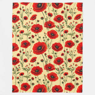 Red poppies pattern fleece blanket