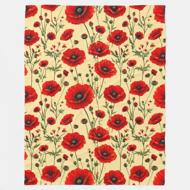 Red poppies pattern fleece blanket (Front)