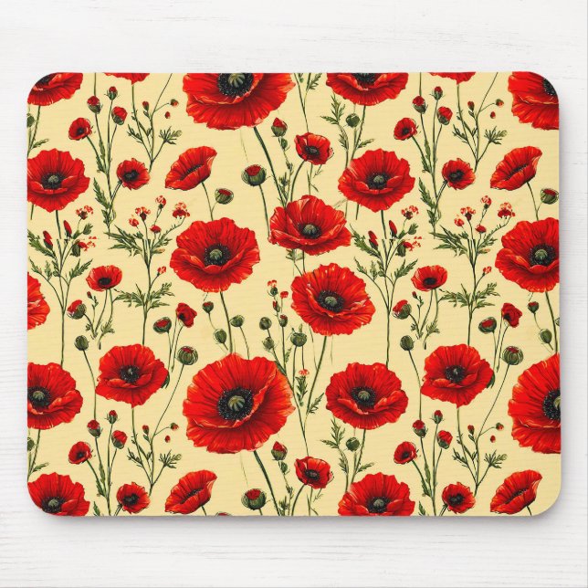 Red poppies pattern mouse pad (Front)