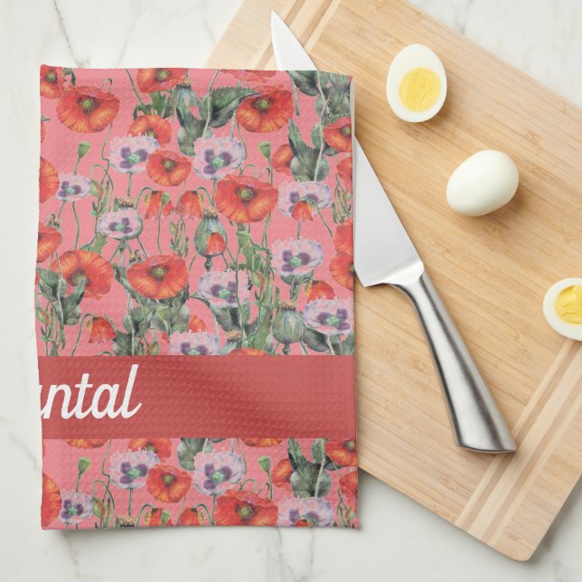 Red Poppies Pattern Personalised  Kitchen Towel (Quarter Fold)