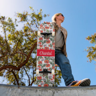 Red Poppies Pattern Personalised Skateboard