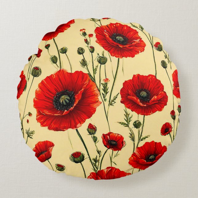 Red poppies pattern round cushion (Front)
