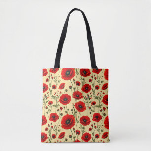 Red poppies pattern tote bag
