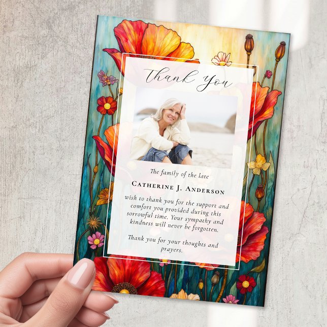Red Poppies Photo Sympathy Funeral Memorial Thank You Card (Creator Uploaded)