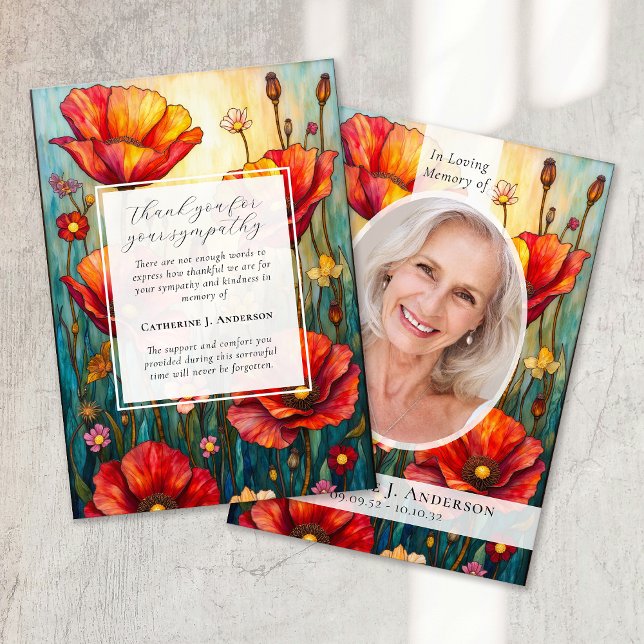 Red Poppies Photo Sympathy Funeral Memorial Thank You Card (Creator Uploaded)