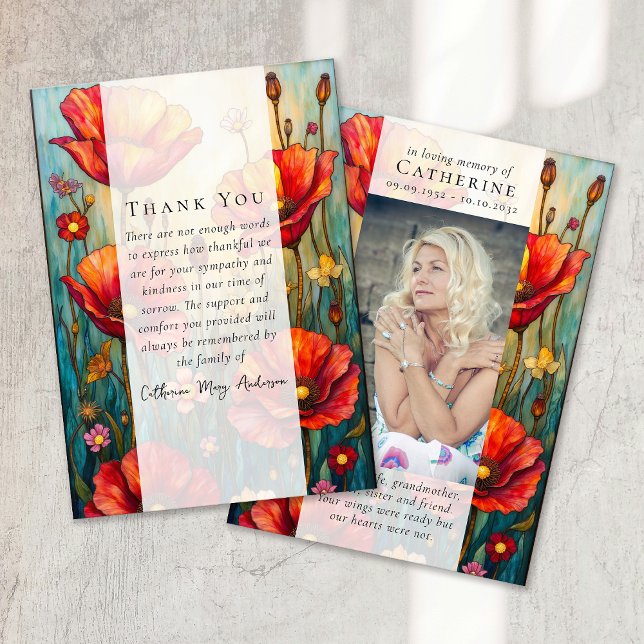 Red Poppies Photo Sympathy Funeral Memorial Thank You Card (Creator Uploaded)