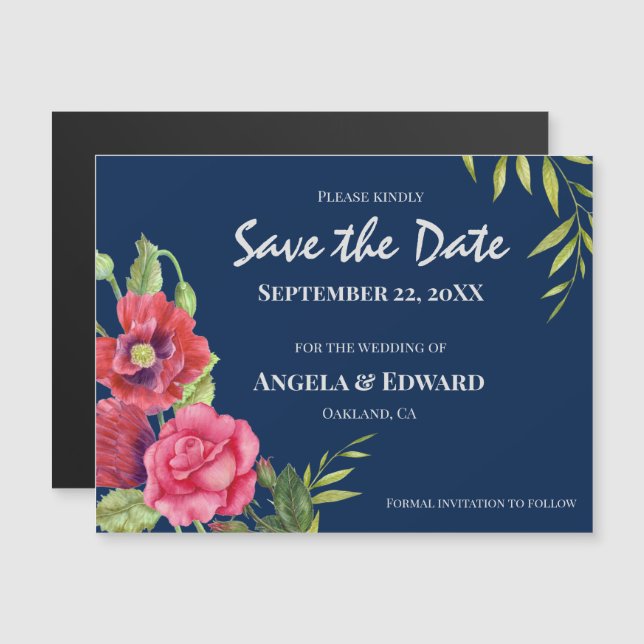 Red Poppies Pink Rose Wedding Save The Date (Front/Back)