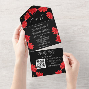 Red Poppies Poppy Black Modern Elegant Floral All In One Invitation