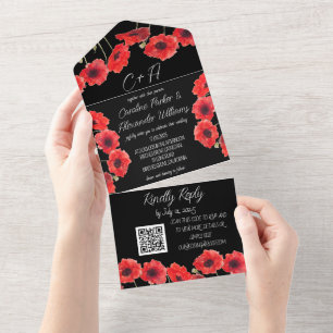 Red Poppies Poppy Black Modern Elegant Floral All In One Invitation