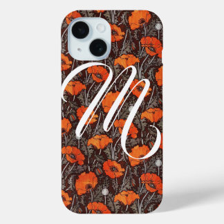 RED POPPIES Poppy Floral Blavk White Monogram iPhone 15 Case