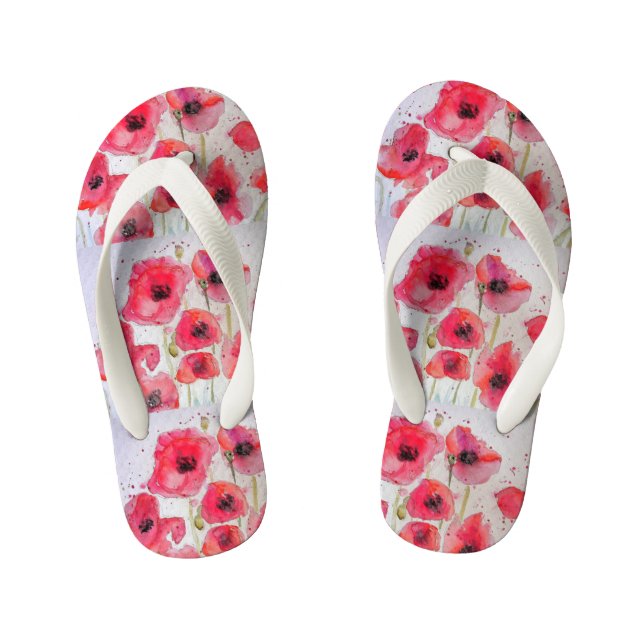 Red Poppies poppy floral Watercolour Beach Thongs (Footbed)
